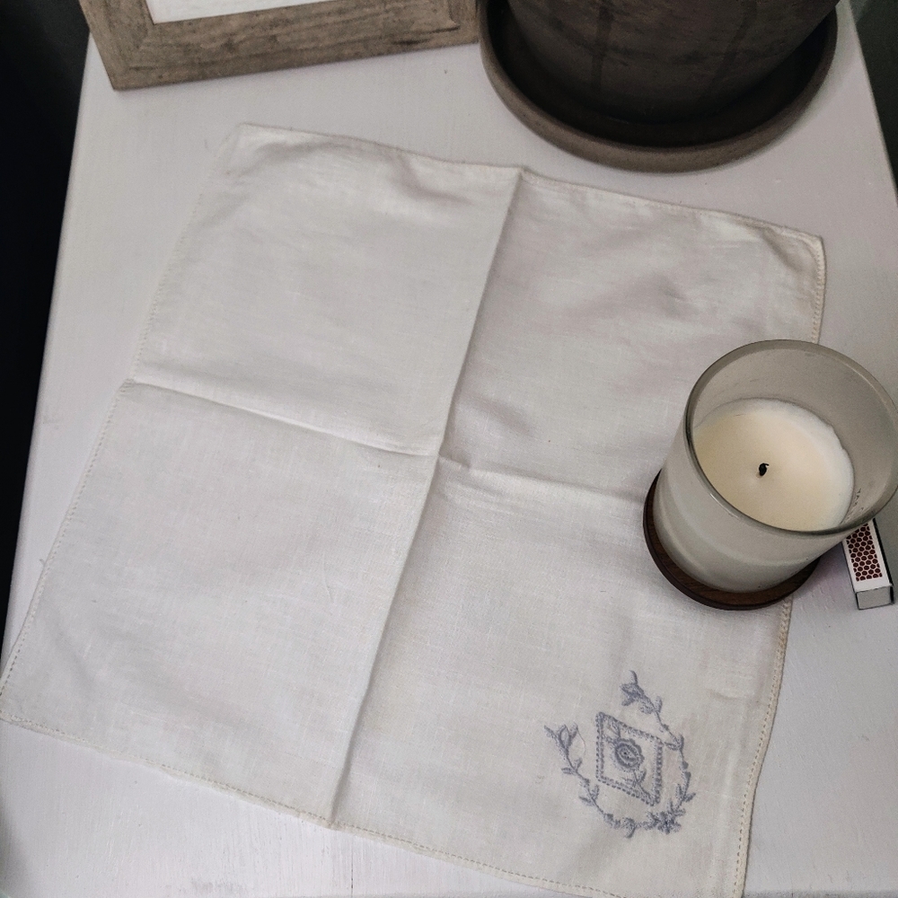 White Vintage Handkerchief Blue Embroidered Floral